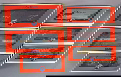 Group of 6 Lionel O Scale Train Cars: in original boxes, includes Northern Pacific ore car, Three Rivers Flatcar, Gondola W Ballast Load and more, longest measures 14 inches in length