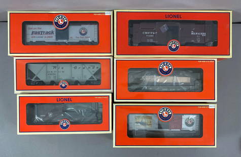 Group of 6 Lionel O Scale Train Cars: All in original boxes, includes Pennsylvania Work Caboose, US Army Flatcar with Boat, quad hopper and more, longest measures 13 1/2 inches in length