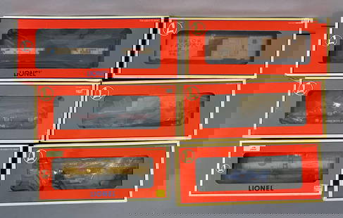 Group of 6 Lionel O Scale Train Cars: All in original boxes, includes Flat Car with 1954 Pepsi Van, UP Single Dome Tank Car, UP Starter Set BC and more, longest measures 13 inches