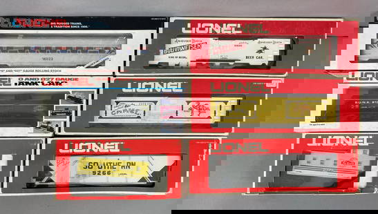 Group of 6 Lionel O Scale Train Cars: All in original boxes, includes Rio Grande Lighted caboose, southern covered hopper, camel box car and more, longest measures 12 inches in length