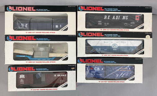 Group of 6 Lionel O Scale Train Cars: All in original boxes, includes I Love California Boxcar, L and C hopper, Reading hopper with Coal load and more, longest measures 12 inches in length