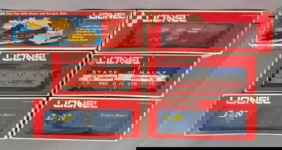Group of 6 Lionel O Scale Train Cars: All in original boxes, includes L and N Box Car, State of Maine box car, Detroit and Machinaw Covered Hopper and more, longest measures 12 inches in length