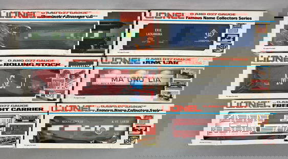 Group of 6 Lionel O Scale Train Cars: all in original boxes, includes Minneapolis and St Louis Collector Series, Lionel Lionel freight carrier and more, longest measures 10 inches in length
