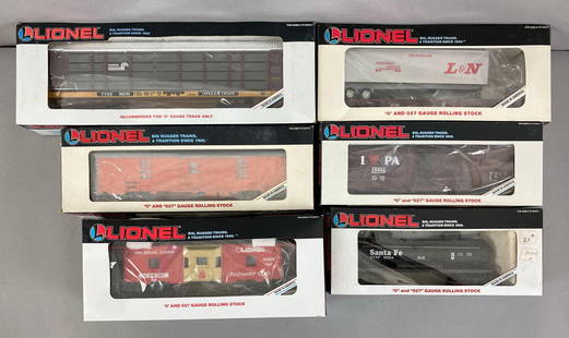 Group of 6 Lionel O Scale Train Cars: All in original boxes, includes 1991 railroad Club Bay Window Caboose, I Love Pennsylvania box car, contrail Teo tier auto carrier and more, longest measures