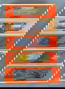 Group of 5 Lionel O Scale Train Cars: All in original boxes, includes 1997 TCA Animated Gondola, Main central boxcar, Lionel Railroad club car and more, longest measures 10 inches