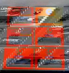 Group of 6 Lionel O Scale Train Mineral Dump Cars: All in original boxes, includes operating coal dump car, Midget mines Ore dump cars, Log Dump car and more, longest measures 11 inches in length