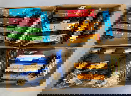 Group of O Scale Train Cars and Accessories: Includes Rio Grande box car, assorted Cabooses, material on pallets and more