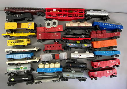 Group of O Scale Train Cars: Includes car girl Corn Syrup Tanker, Lionel tanker, clear box car and more