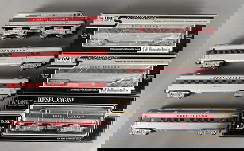 Group of K-Line O Scale Rock Island Train Cars and Locomotives: Streamliners, untested, some original packaging