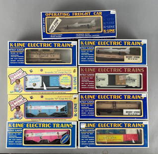 Group of K-Line O Scale Train Cars: Includes special addition, desert storm, Chinese new year, original packaging