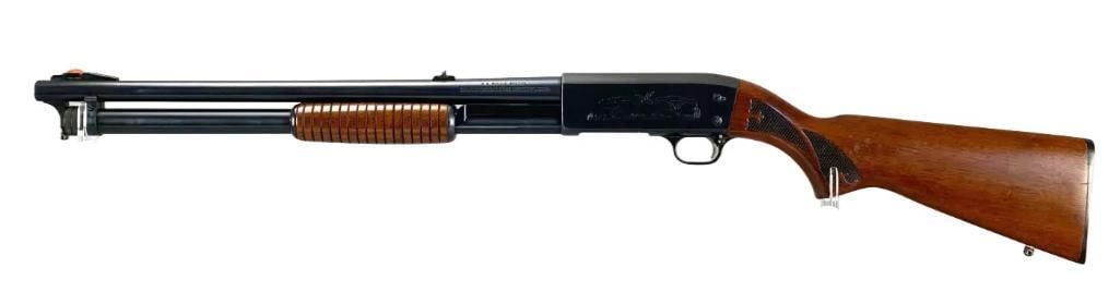 Ithaca Featherlight Model 37 12 GA Pump Action Shotgun: S/N: 37122358, DS Police special, 2 3/4 inch chamber, barrel measudes 20 inches in length features ducks in pond scene engraving on receiver, 98% condition