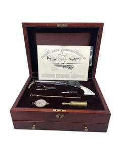 America Remembers Historic Paterson Belt Model .36 Cal. Revolver: Limited edition no. 42/100, complete set with COA, wood case measures 5 1/2 x 15 1/4 x 11 1/2 inches