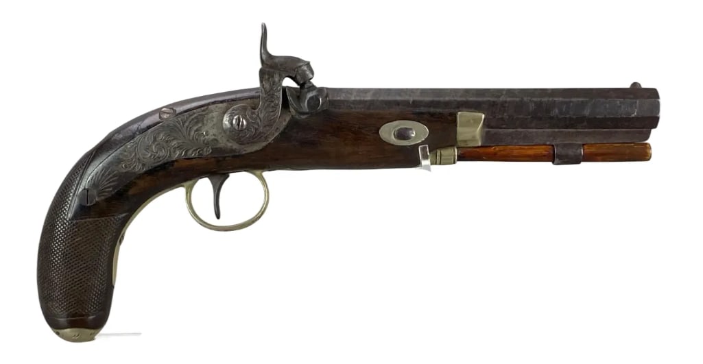 Antique 14mm Blackpowder Percussion Pistol: S/N: N/A, features a 6 inch octagon barrel, with wood display box which includes brass copper flask and accessories,