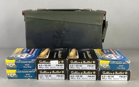 Group of 8 20 Round Boxes of New PFU and S and B 6.5x55 Swede Caliber Ammo (FMJBT and BTHP)