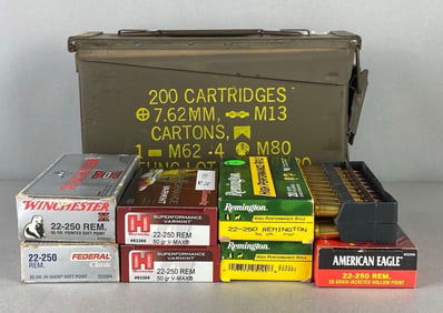 Group of 8 20 Round Boxes of New 22-250 Caliber Ammo (Various Makers)