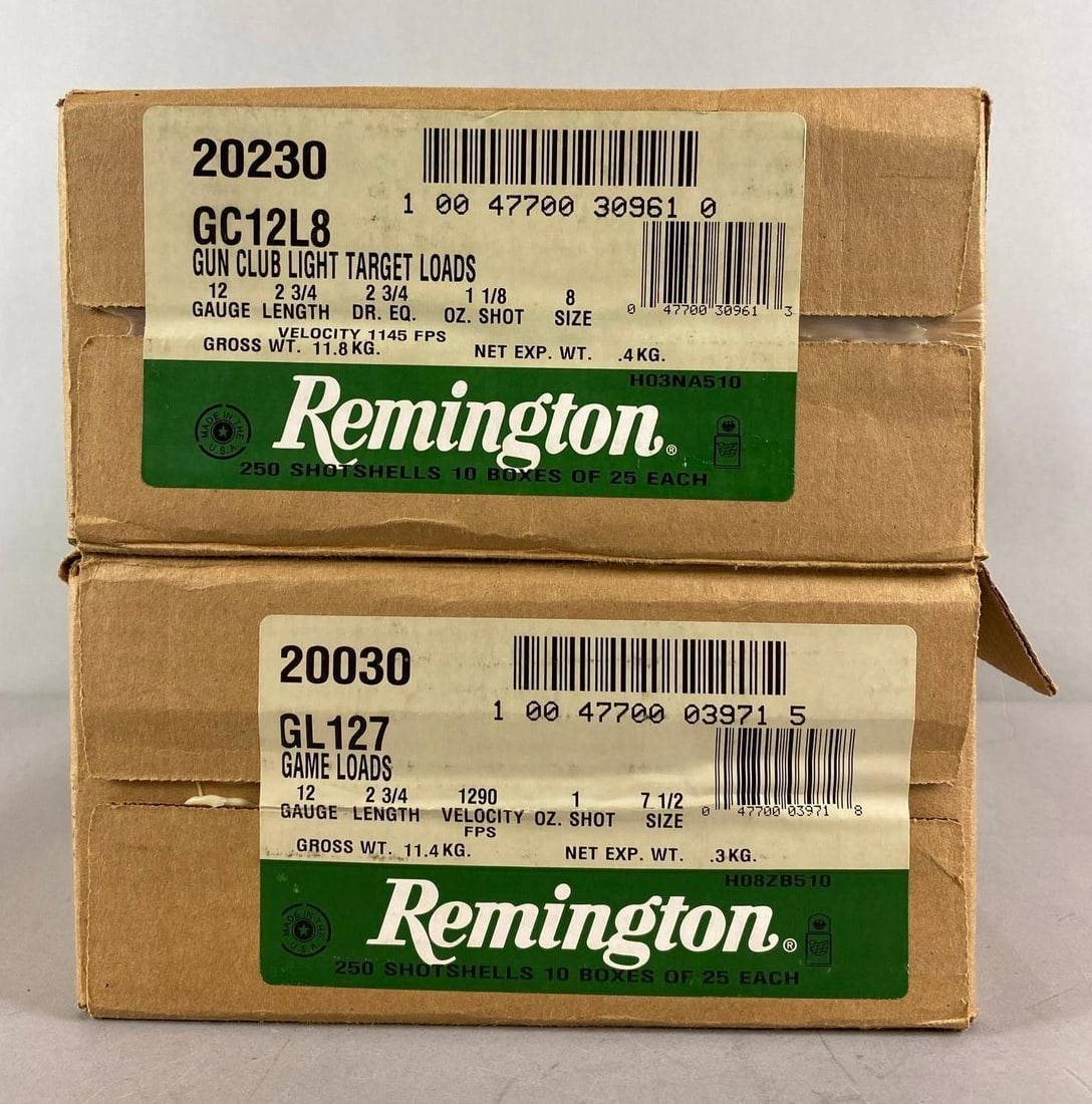 Group of 500 Remington 12 Gauge Shotshells: Includes GC12L8 Gun Club Light Target Loads size 8 1145 FPS Velocity and GL127 Game Loads size 7 1/2 1290 FPS Velocity. Both are 2 3/4 inches in length.