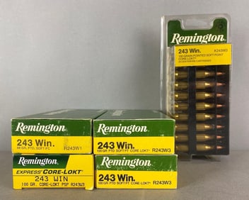 5 Boxes of 20 Rounds of Remington 243 Win 100 Grain Ammunition