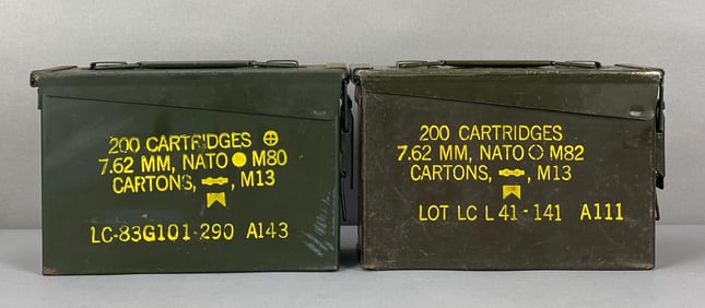 Group of 2 US 7.62mm M80 200 Cartridge Metal Ammo Boxes