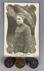 Group of WW1 U.S. Military Collar Discs and IDed Photo