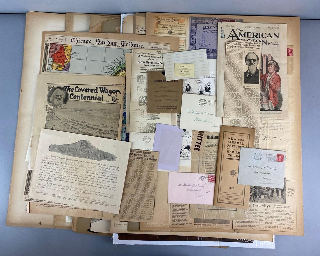 Large Group of WW1 Ephemera: From 88th Division Soldier from Wheatland, Iowa. Includes bill, drawn George Washington, news clippings and more. Largest item measures 26 x 20 inches.