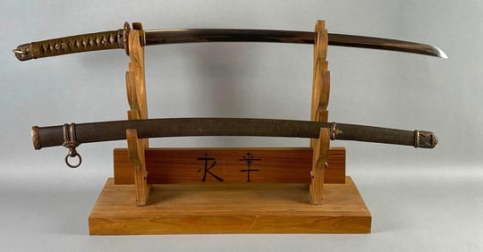 Antique Japanese Military Katana with Metal Scabbard
