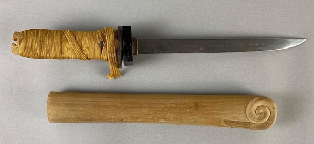 Antique Japanese Wakizashi with Carved Wood Sheath