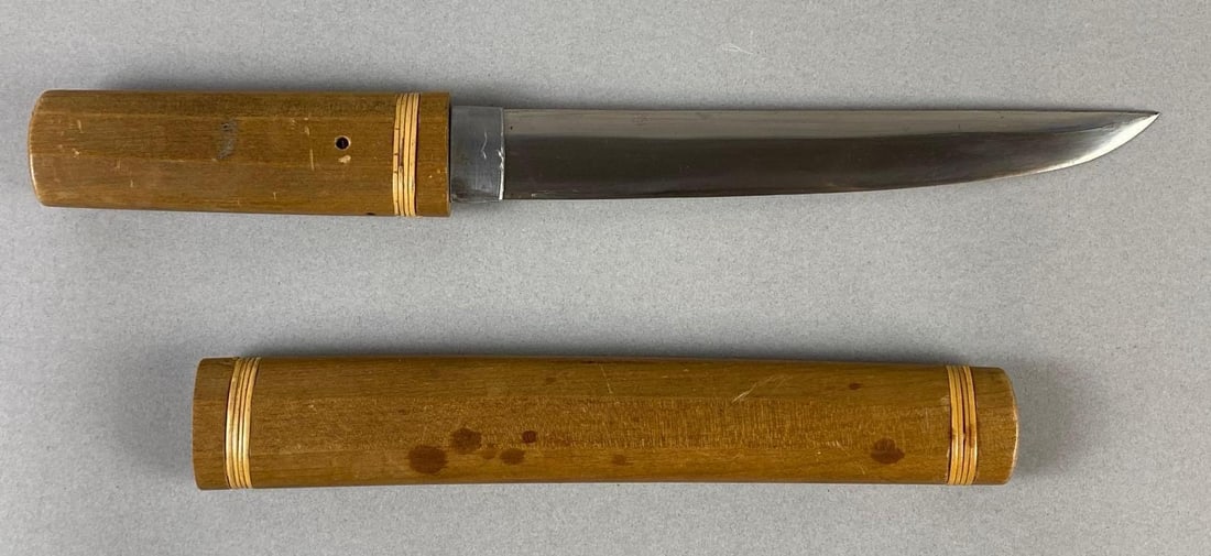 Japanese Tanto Dagger with Wood Sheath: Dagger measures 12 inches long, Blade measures 7 1/2 inches long.