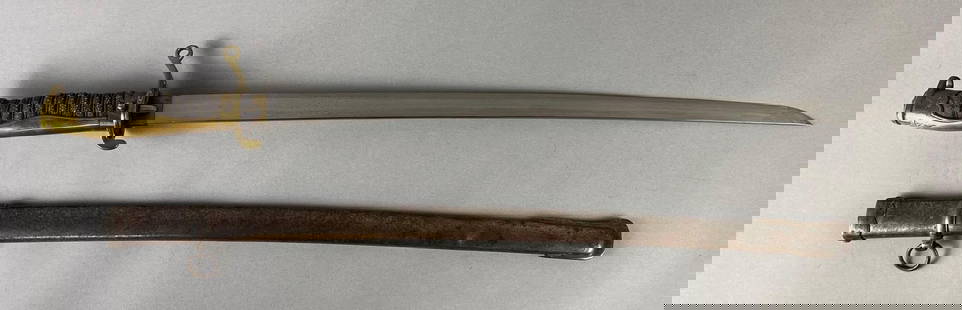 WW2 Era Japanese Sword with Metal Scabbard: Sharkskin textured hilt, Sword measures 28 inches long, Blade measures 22 inches long.