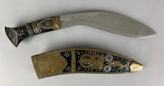 Ornate Kukri with Brass Overlay Scabbard