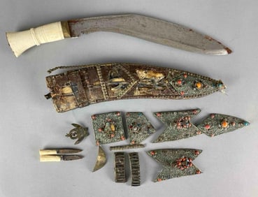 Vintage Kukri With Brass and Stone Decorated Scabbard