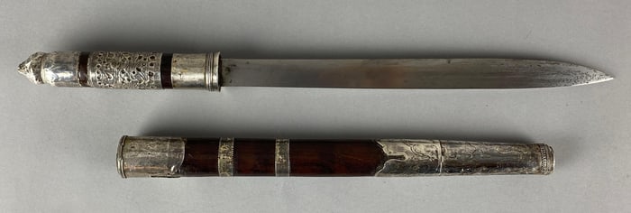 Burmese Silver Plates Da Knife with Scabbard