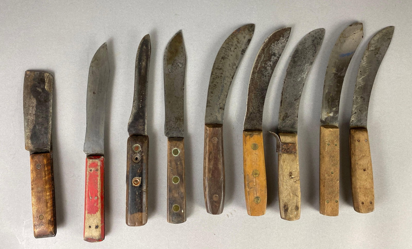 Group of Vintage Skinning Knives and More: Includes a chopping knife, fillet and camp knife, largest measures 10 1/2 inches in length with a 6 inch blade