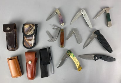 Group of Assorted Folding Knives and Sheaths