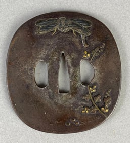 Japanese Tsuba with Dragonfly and Floral Motif