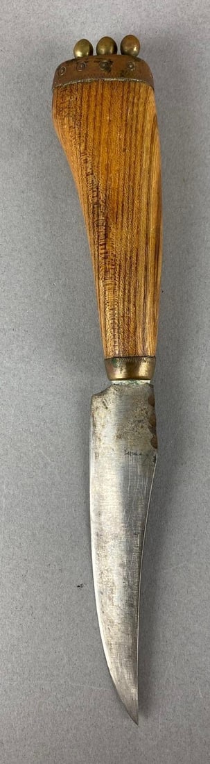 Vintage Wood Handle Knife: Features Brass Decorative Pommel, Measures 9 3/4 inches in length with a 4 1/4 inch blade