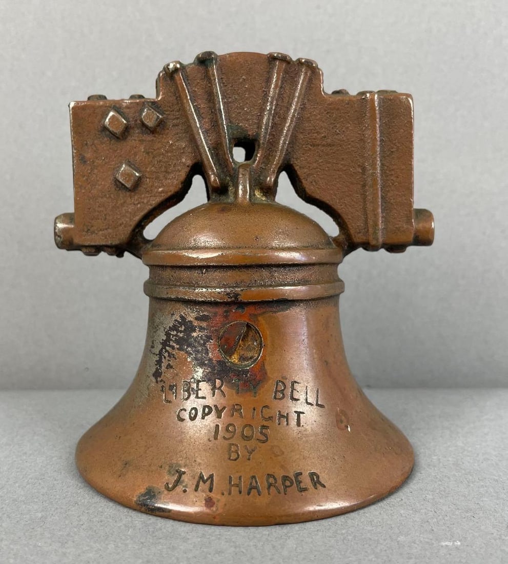 1905 J.M. Harper Cast Iron Liberty Bell Bank: Bronzed, measures 4 x 3 1/2 inches