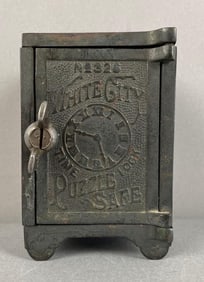Antique Nicol Cast Iron White City Puzzle Safe Bank