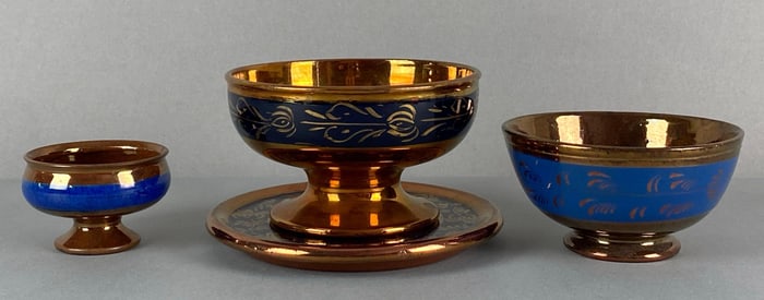Group of Copper Lusterware Stoneware Compotes and More