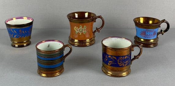 Group of 5 Copper Lusterware Stoneware Mugs