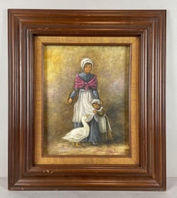 Artist Signed Mother and Daughter with Goose Oil Painting on Canvas