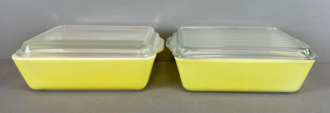 Group of 2 Vintage Pyrex Baking Dishes with Lids: 503-B, each measure 2 1/2 x 9 1/2 x 7 inches
