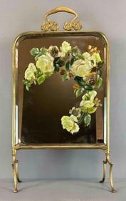 Antique Hand-Painted Floral Brass Mirror on Stand