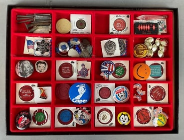 Group of Pins, Buttons, and More