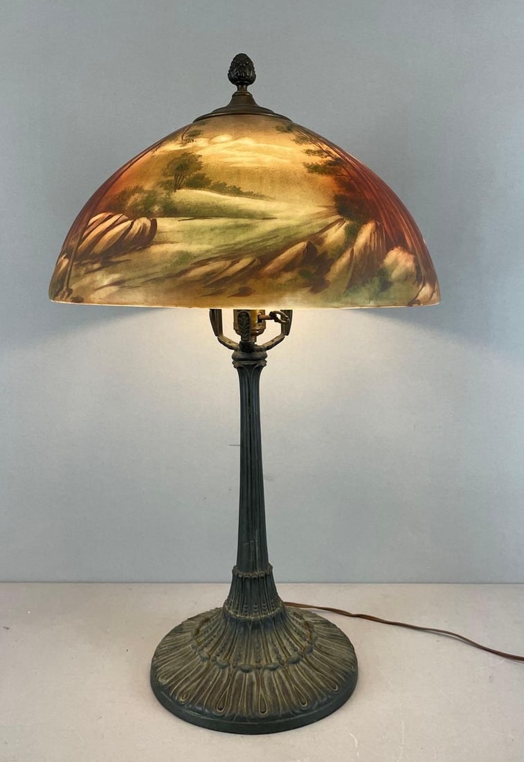 Antique Cast Iron Table Lamp with Painted Glass Shade (1 of 6)