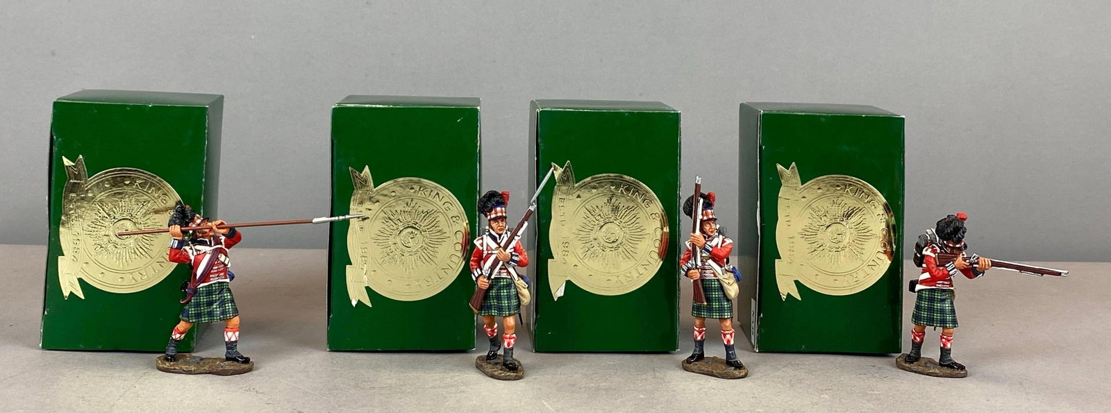 Group of 4 2005 King and Country The Age Of Napoleon Painted Metal Figurines: Includes Scottish highlanders soldiers, like new in boxes, tallest measures 3 1/4 inches tall