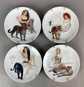 Group of 4 Monika Heller-Cole Risque Women with Cats Porcelain Platea
