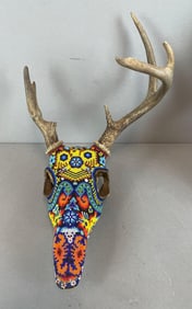 Mexican Huichol Art Beaded Deer Skull with Antlers