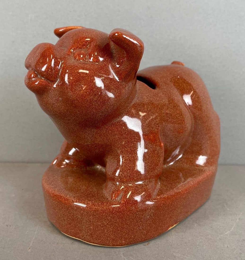 1956 Van Briggle Pottery Gold Glaze Piggy Bank: Signed on bottom, measures 5 x 5 1/2 x 3 3/4 inches