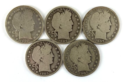 Group of 5 US Barber Half Dollars