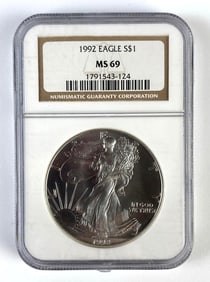 NGC Graded 1992 US $1 Silver Eagle 1oz Fine Silver Coin MS69